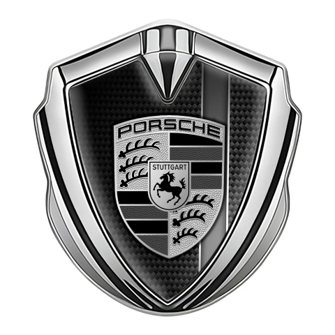 Porsche 3D Car Metal Domed Emblem Silver Black Carbon Grey Stripe Motif