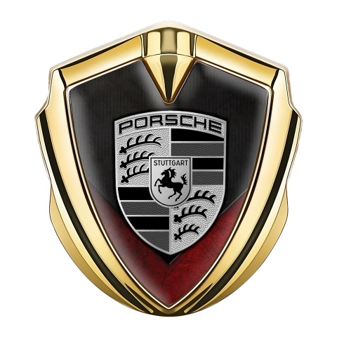Porsche Tuning Emblem Self Adhesive Gold Grey Strokes Red Fragments
