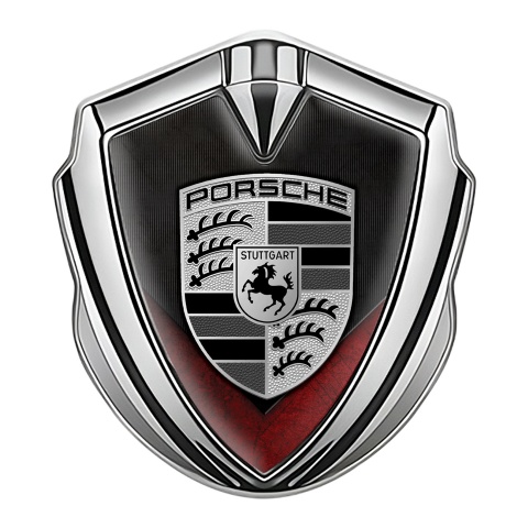 Porsche Tuning Emblem Self Adhesive Silver Grey Strokes Red Fragments