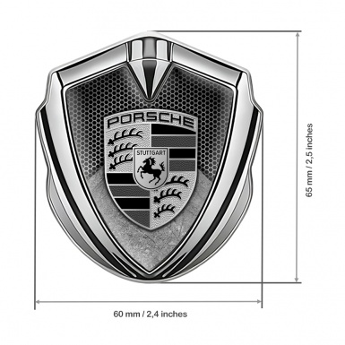 Porsche Fender Emblem Badge Silver Honeycomb Structure Scratched Motif