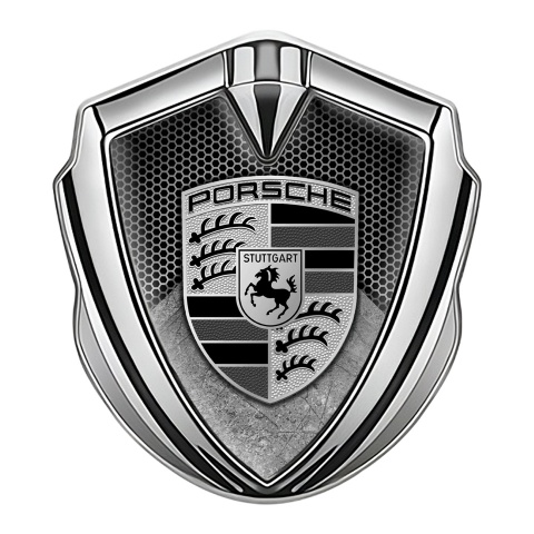 Porsche Fender Emblem Badge Silver Honeycomb Structure Scratched Motif