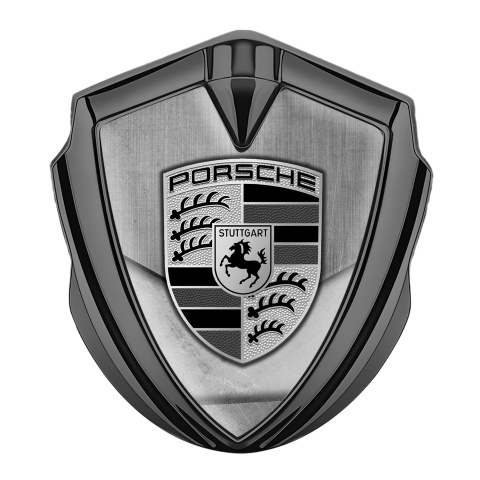 Porsche Fender Metal Domed Emblem Graphite Brushed Alloy Asphalt Motif