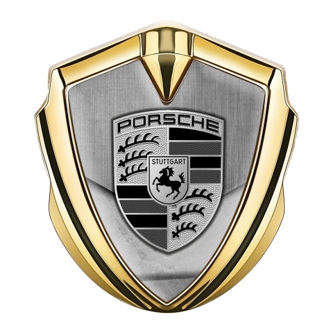 Porsche Fender Metal Domed Emblem Gold Brushed Alloy Asphalt Motif