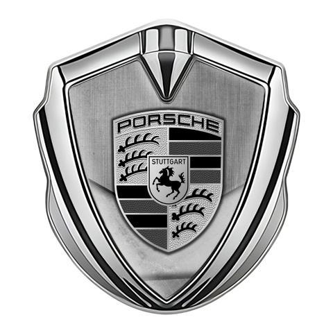Porsche Fender Metal Domed Emblem Silver Brushed Alloy Asphalt Motif