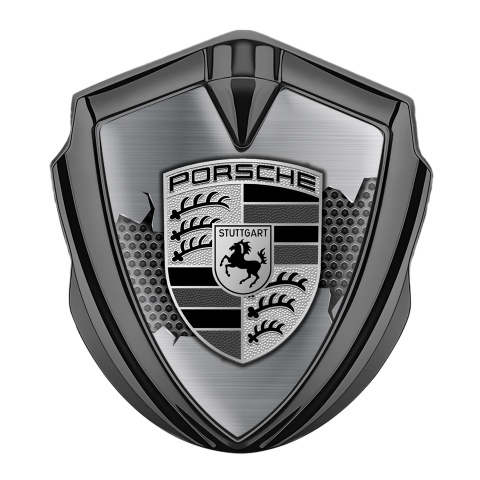 Porsche Trunk Emblem Badge Graphite Steel Hex Metal Tear Monochrome Logo