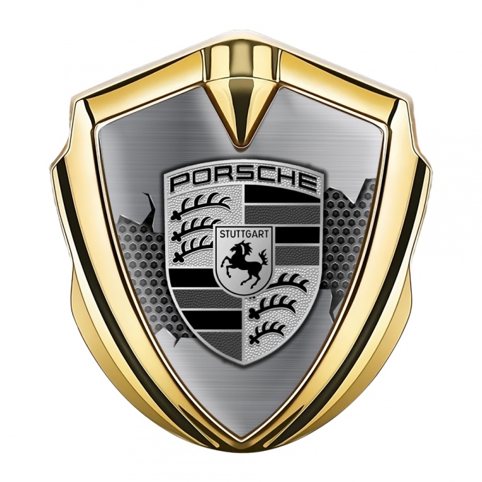 Porsche Trunk Emblem Badge Gold Steel Hex Metal Tear Monochrome Logo