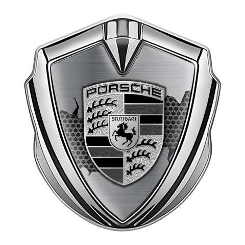 Porsche Trunk Emblem Badge Silver Steel Hex Metal Tear Monochrome Logo