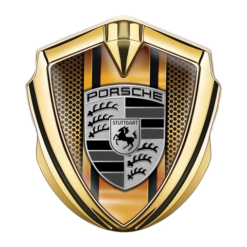 Porsche 3D Car Metal Domed Emblem Gold Sandy Grate Center Pillar Motif