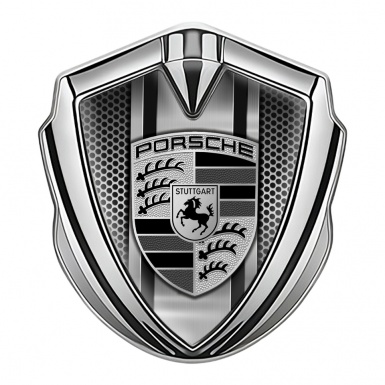 Porsche Bodyside Domed Emblem Silver Grey Mesh Steel Monochrome Pilon