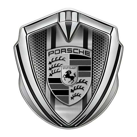 Porsche Bodyside Domed Emblem Silver Grey Mesh Steel Monochrome Pilon