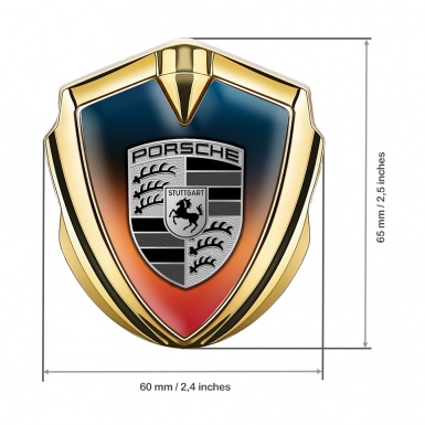 Porsche Fender Emblem Badge Gold Multicolor Background Grey Logo