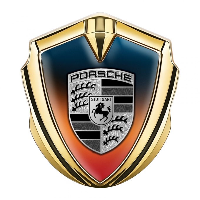 Porsche Fender Emblem Badge Gold Multicolor Background Grey Logo