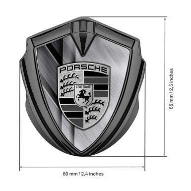 Porsche Fender Metal Domed Emblem Graphite Layered Steel Base Grey Motif