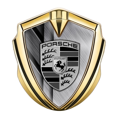 Porsche Fender Metal Domed Emblem Gold Layered Steel Base Grey Motif