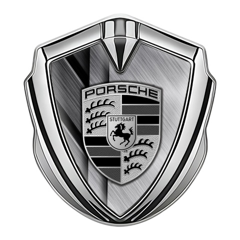 Porsche Fender Metal Domed Emblem Silver Layered Steel Base Grey Motif