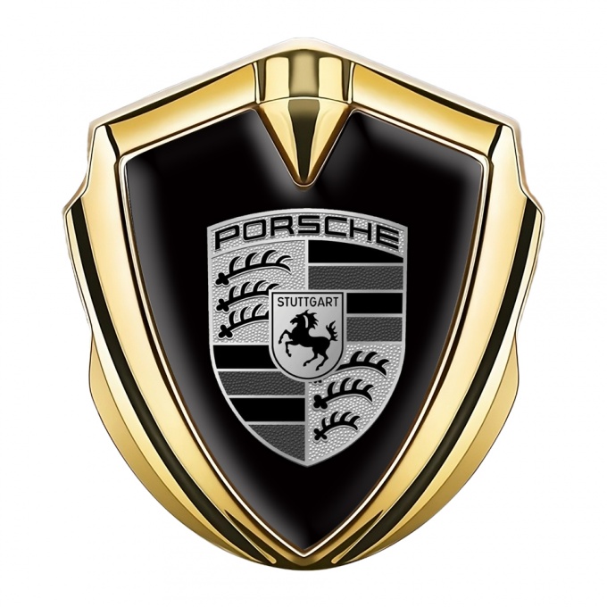 Porsche Self Adhesive Bodyside Emblem Gold Black Background Grey Logo