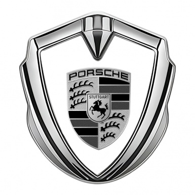Porsche Metal Emblem Self Adhesive Silver White Base Monochrome Edition