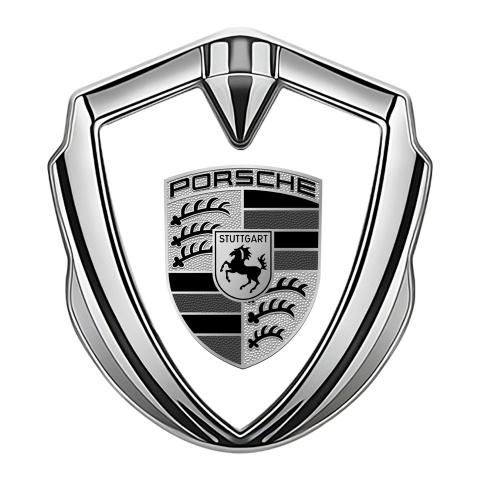 Porsche Metal Emblem Self Adhesive Silver White Base Monochrome Edition
