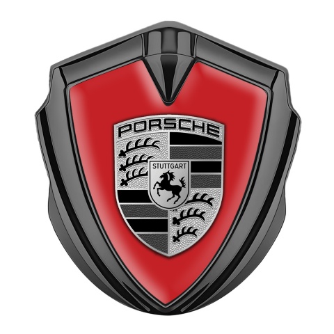 Porsche 3D Car Metal Domed Emblem Graphite Red Basis Greyscale Motif
