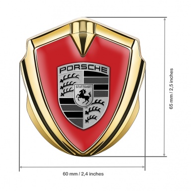 Porsche 3D Car Metal Domed Emblem Gold Red Basis Greyscale Motif