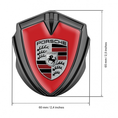 Porsche 3D Car Metal Domed Emblem Graphite Crimson Base Red Fragments