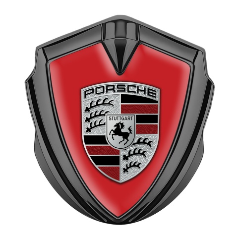 Porsche 3D Car Metal Domed Emblem Graphite Crimson Base Red Fragments