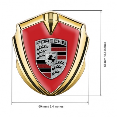 Porsche 3D Car Metal Domed Emblem Gold Crimson Base Red Fragments