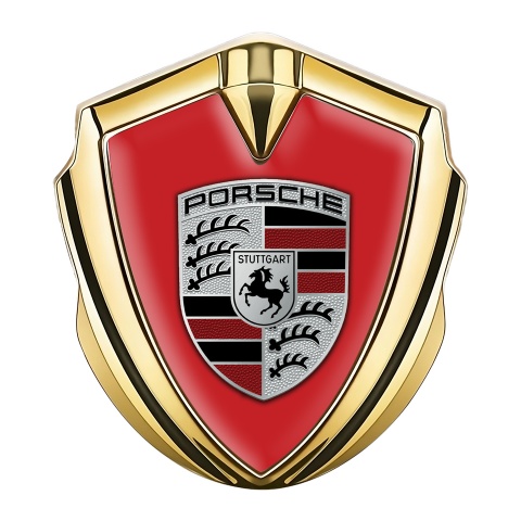 Porsche 3D Car Metal Domed Emblem Gold Crimson Base Red Fragments