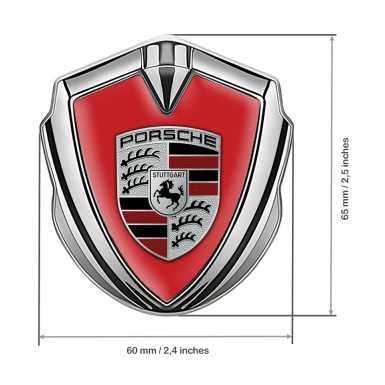Porsche 3D Car Metal Domed Emblem Silver Crimson Base Red Fragments