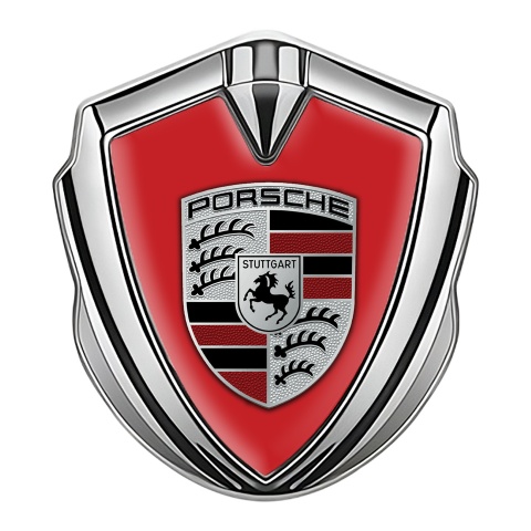 Porsche 3D Car Metal Domed Emblem Silver Crimson Base Red Fragments
