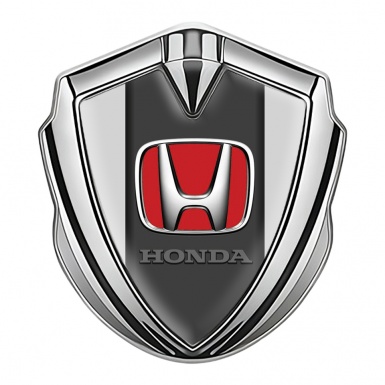 Honda 3D Car Metal Domed Emblem Silver Light Grey Red Motif