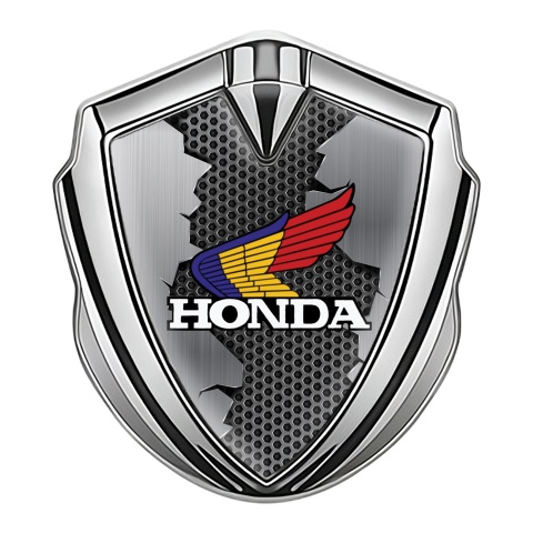 Honda Emblem Trunk Badge Silver Hexagon Torn Metal Design