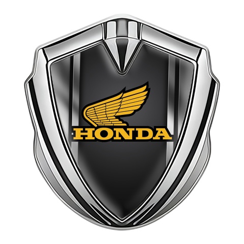 Honda Emblem Fender Badge Silver Steel Frame Yellow Winged Logo