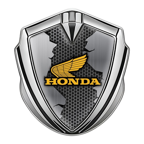Honda Fender Emblem Metal Silver Cracked Hex Theme Yellow Design
