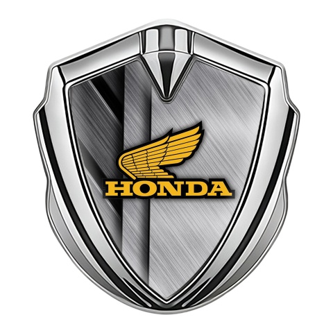 Honda Emblem Fender Badge Silver Overlapping Plates Yellow Wings