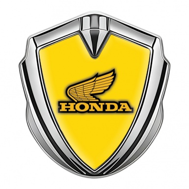 Honda Trunk Emblem Badge Silver Yellow Background Winged Edition