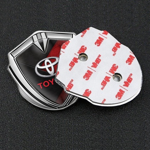 Toyota Emblem Trunk Badge Silver Overlapping Pattern Red Characters
