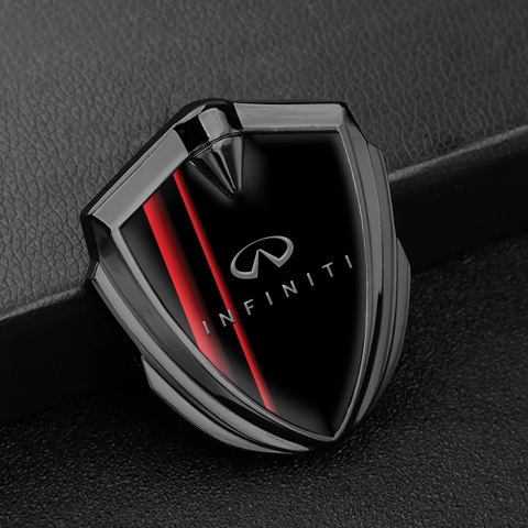 Infiniti Trunk Emblem Badge Graphite Black Background Red Gradient Stripes