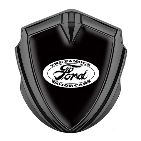 Ford Fender Emblem Badge Graphite Black Background White Vintage Design