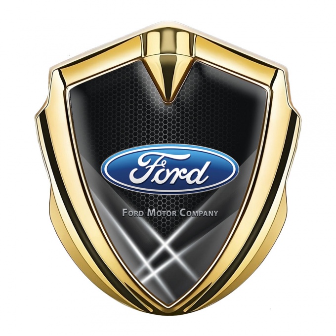 Ford Emblem Badge Self Adhesive Gold Black Hex Light Beams Effect