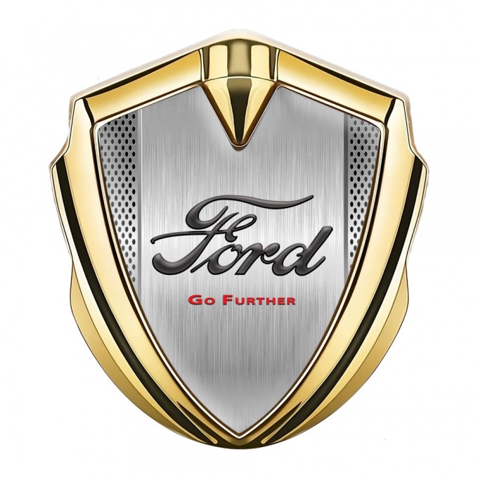 Ford Emblem Badge Self Adhesive Gold Metallic Mesh Go Further Slogan