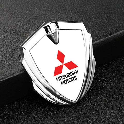 Mitsubishi Fender Emblem Badge Silver White Base Red Classic Logo