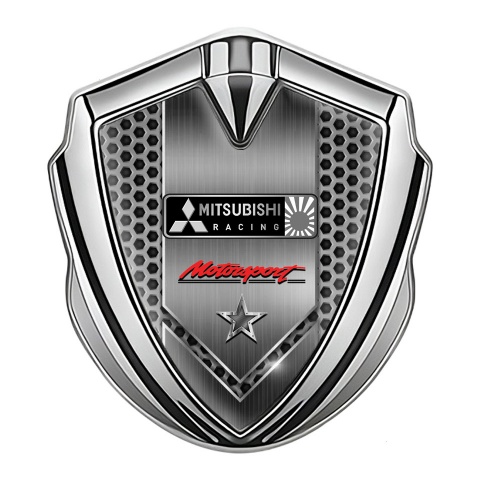 Mitsubishi Emblem Fender Badge Silver Honeycomb Racing Star Design