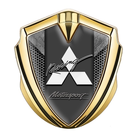 Mitsubishi Emblem Fender Badge Gold Grey Hex Stone Panel Design