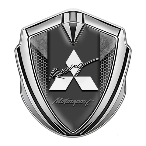 Mitsubishi Emblem Fender Badge Silver Grey Hex Stone Panel Design