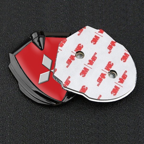 Mitsubishi Metal Emblem Self Adhesive Graphite Red Background Grey Logo