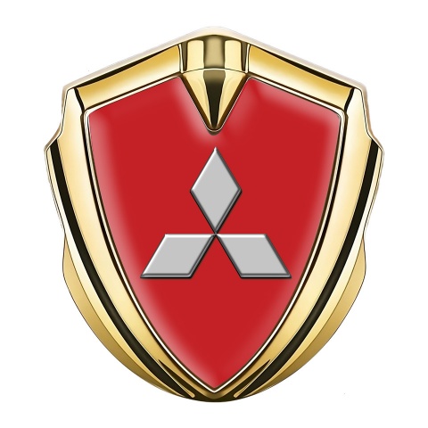 Mitsubishi Metal Emblem Self Adhesive Gold Red Background Grey Logo