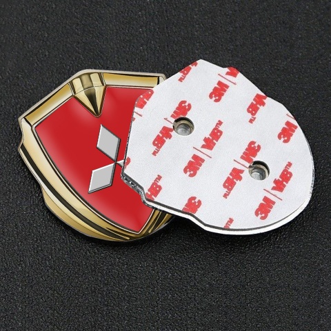 Mitsubishi Metal Emblem Self Adhesive Gold Red Background Grey Logo
