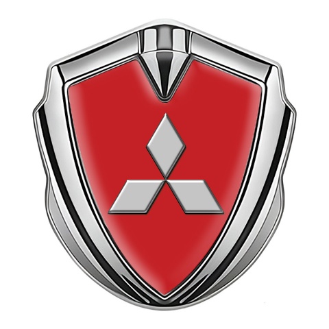 Mitsubishi Metal Emblem Self Adhesive Silver Red Background Grey Logo