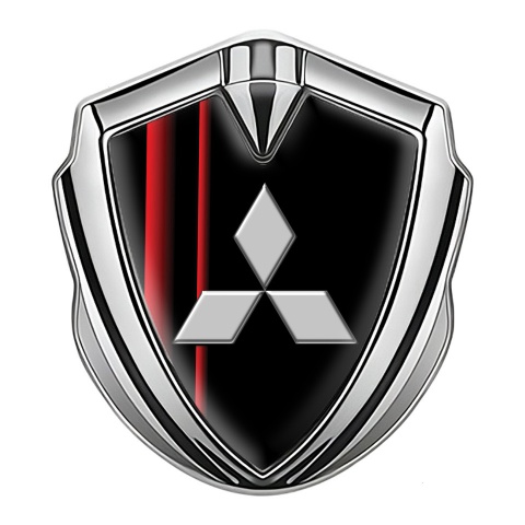 Mitsubishi Fender Emblem Badge Silver Black Base Crimson Stripes